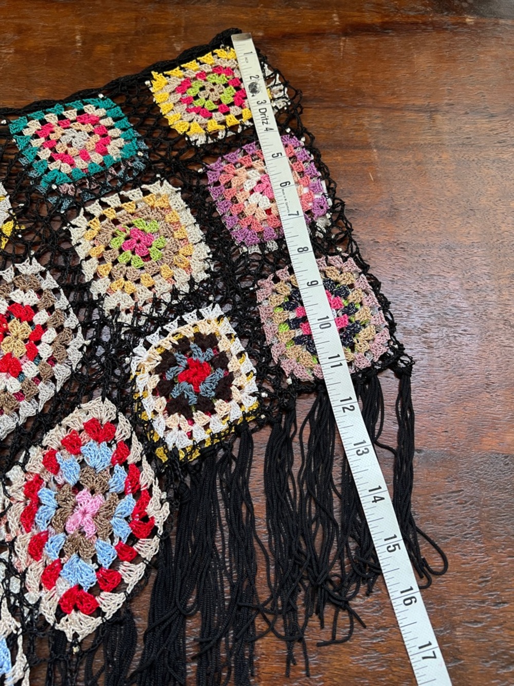 Handmade Crotchet Poncho Shawl Granny Square Fringe Multicolor/Black Beaded OS - Picture 10 of 12